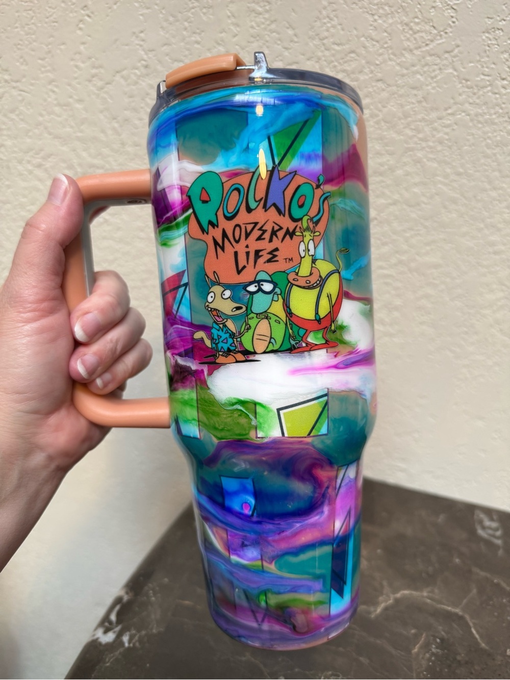Rockos Modern Life 90s Cartoon Tumbler Cup 40 oz with Handle Handmade